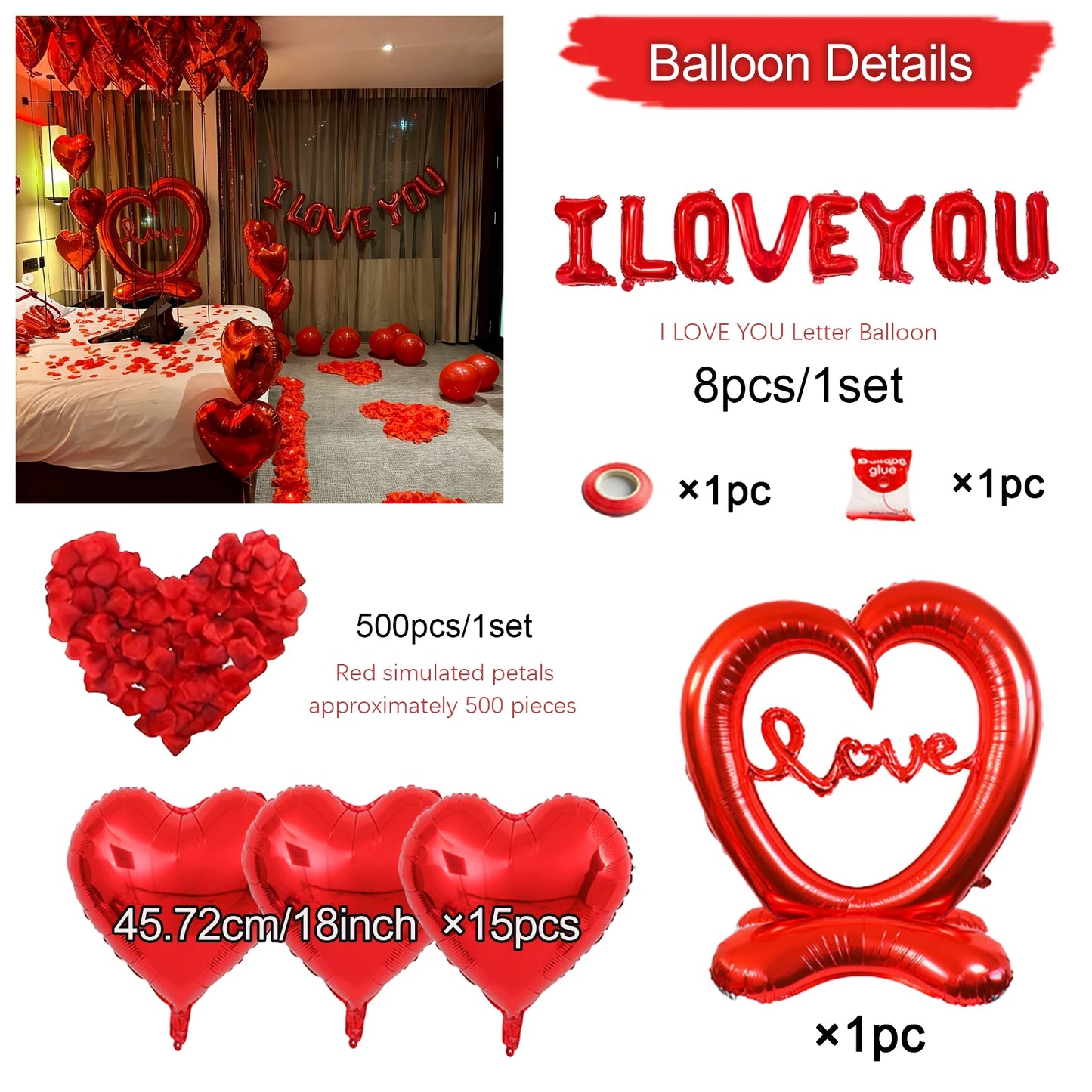 HAPPY VALENTIENS Balloon Set Red Aluminum Film Balloon Simulation Petals for Valentine's Day Wedding Decoration Balloon
