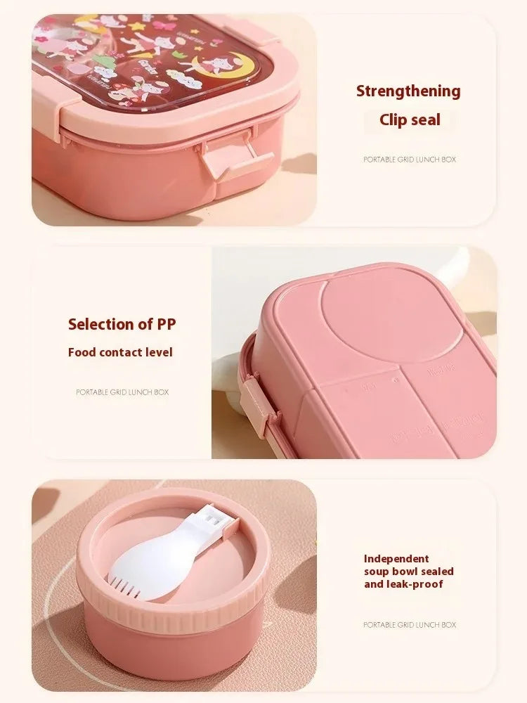 1000/1350ml Cartoon Lunch Box with Soup Bowl Bento Box Buckle Design Sealed and Leak-proof Portable Food Storage Container