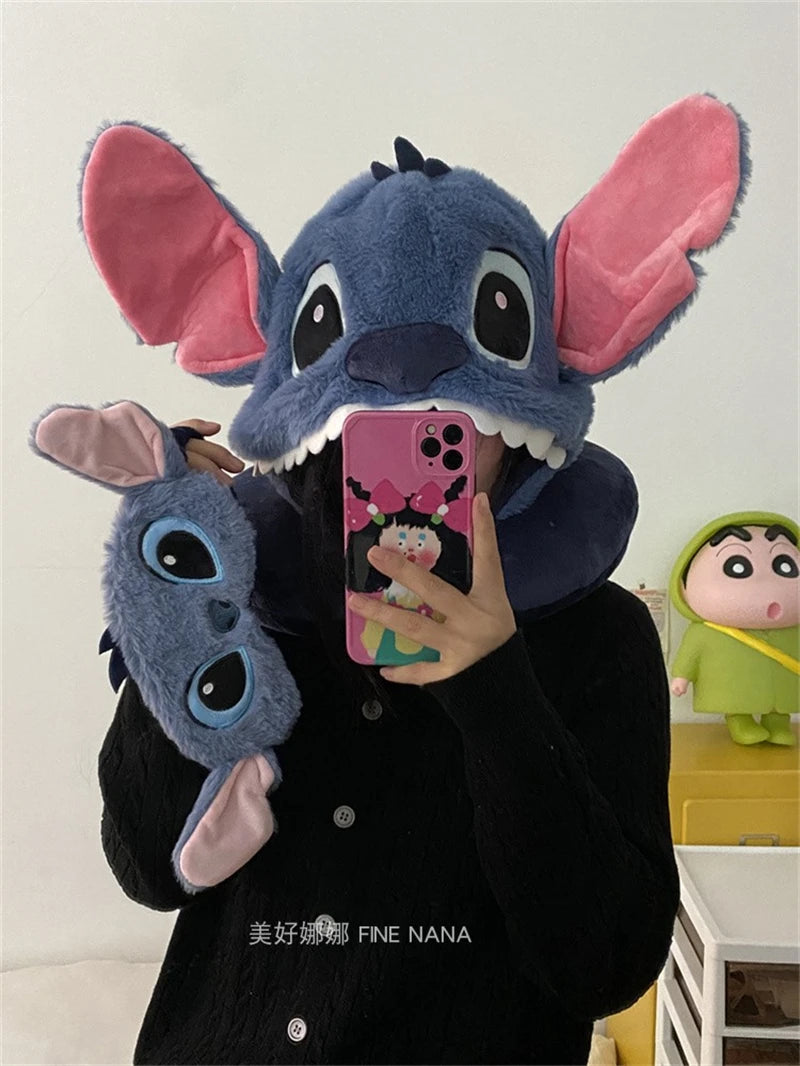 Comfortable Stitch Hooded U-shaped Pillow Cartoon Anime Travel Blackout Nap Neck Pillow With Hat Portable Eye Mask Sleeping
