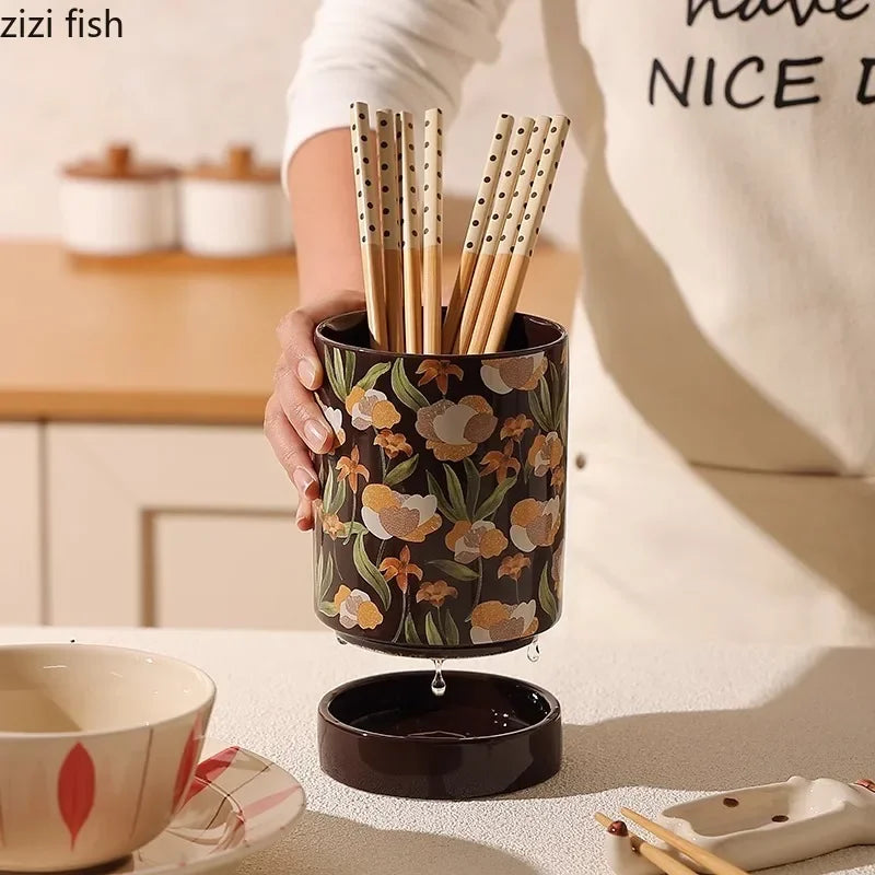 French Iris Ceramic Chopstick Holder Countertop Mold Proof Draining Chopstick Storage Jar Knife Spoon Rack Kitchen Storage Tool