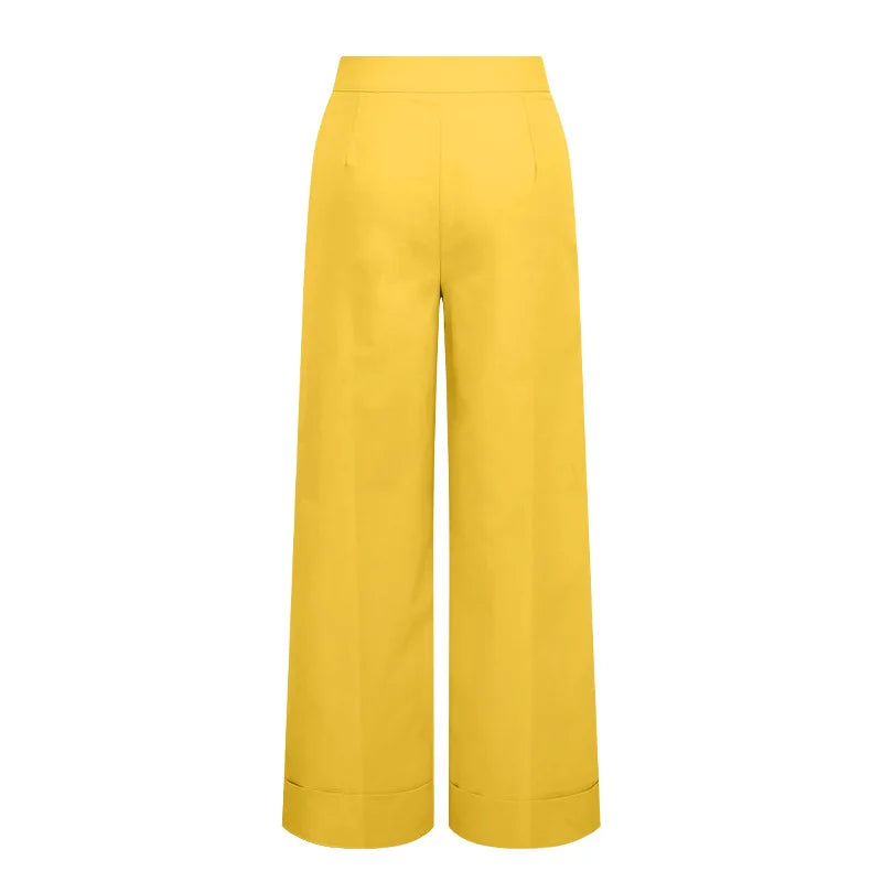 Women's Solid Color High Waist Wide Leg Pants Cuffed Hem Button Closure Pockets Design Office Work & Casual Streetwear Outfit