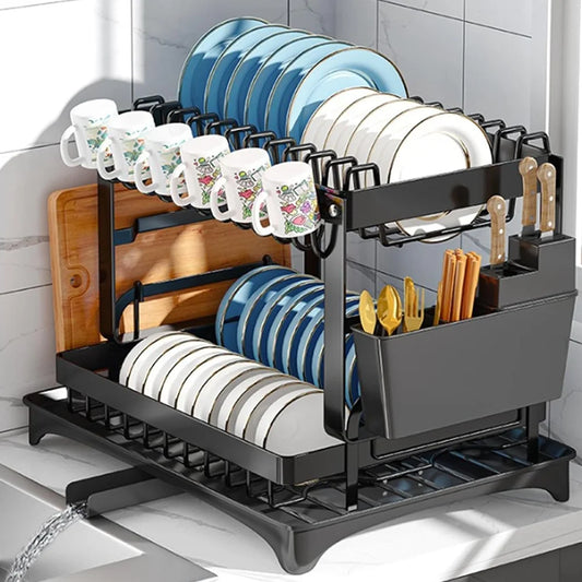 2 tier dish drying rack, Cutlery rack with spout and draining tray, cutlery holder, cup holder, kitchen countertop storage rack