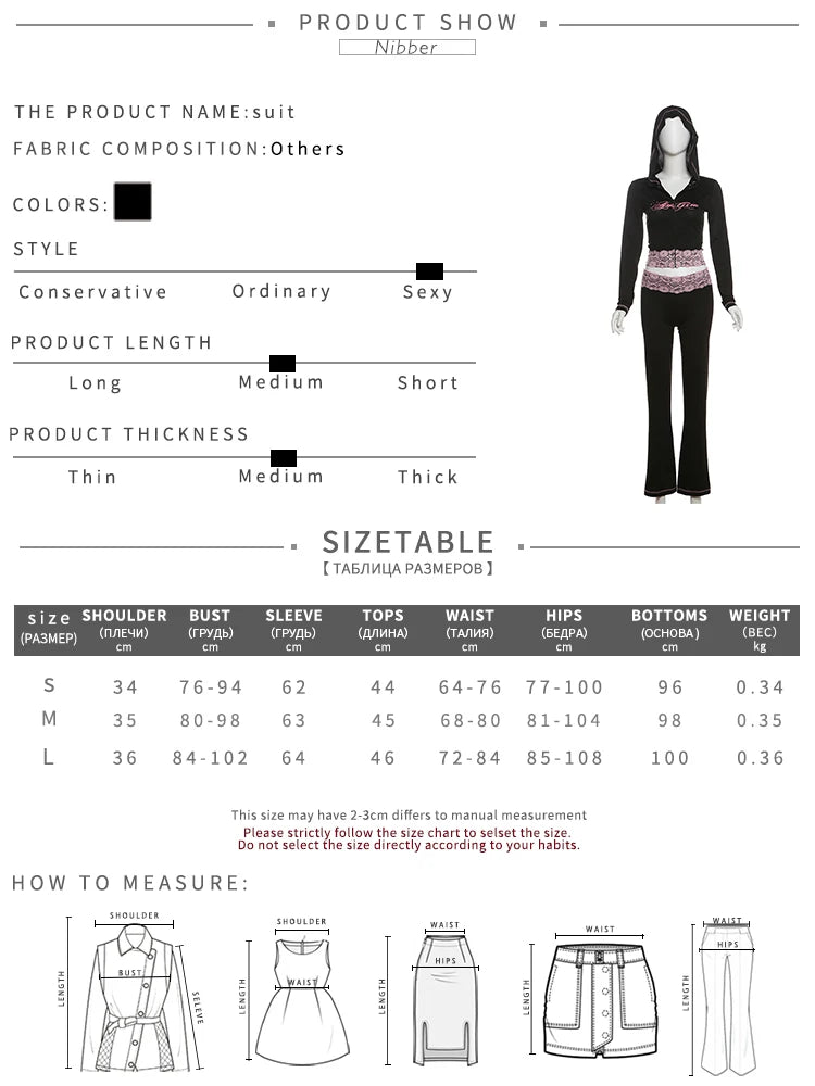 Nibber Lace Patchwork Woman 2 Piece Set Hooded Zip Crop Jacket+Patchwork Flare Pants Matching Streetwear Casual Matching Outfits