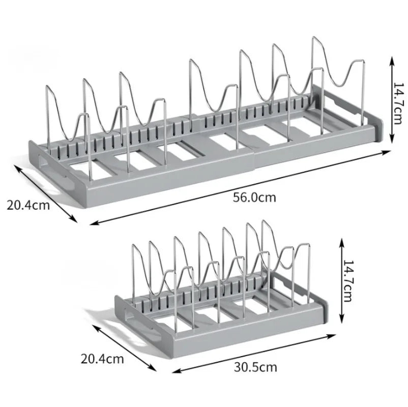 Expandable Kitchen Cabinet Pot Organiser - Adjustable Divider Rack, Multi-Use Storage Solution for Pots, Pans and Lids