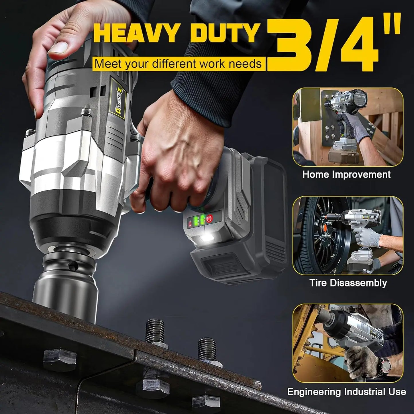 3/4" Cordless Impact Wrench for Dewalt 20V Battery: 1850FT-LBS(2500N.m) High Torque Impact Driver, 4-Speed Heavy Duty Impact wit