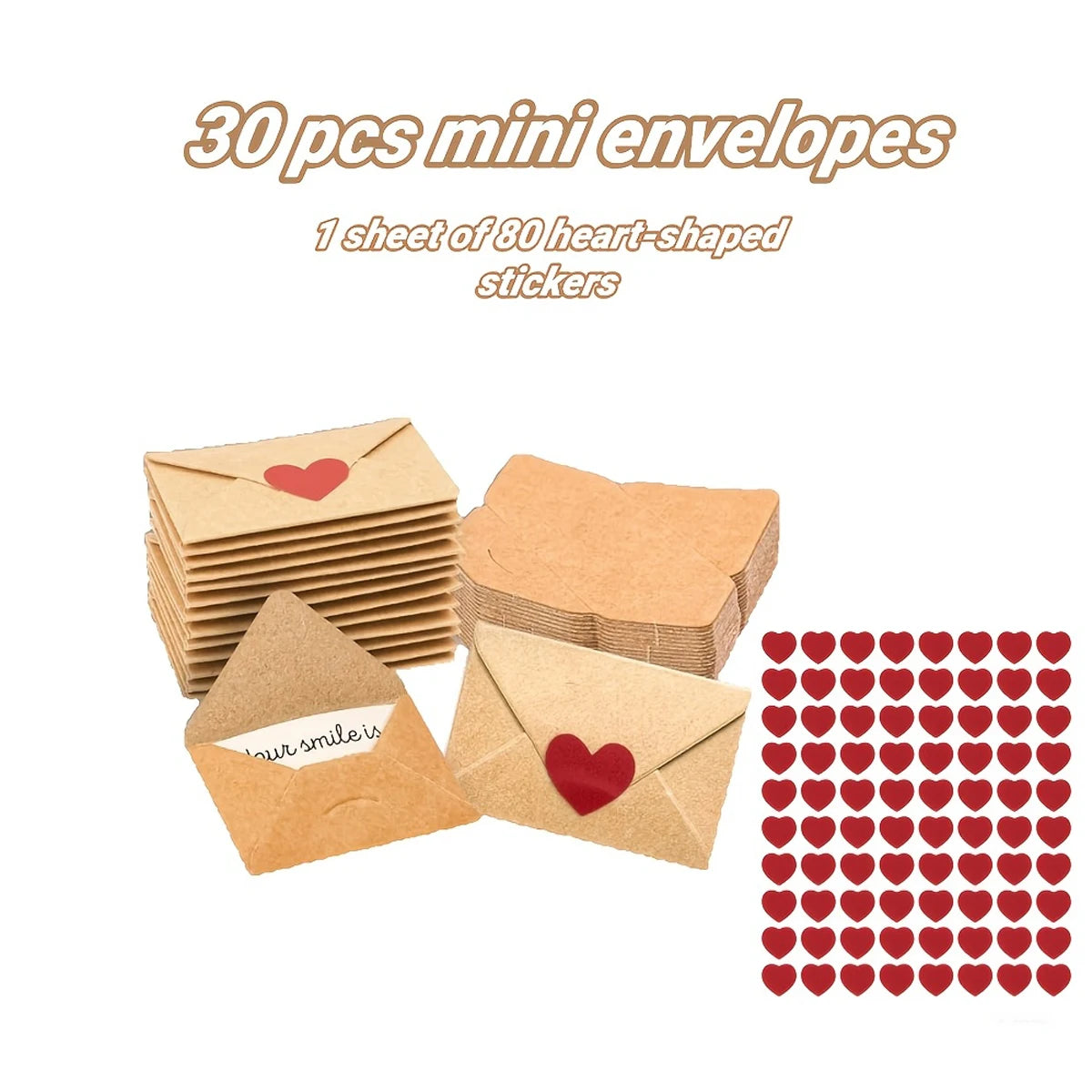 30pcs Mini Envelopes with Heart Stickers Love Notes Cards for Weddings, Valentine's Day Romantic Gifts for Boyfriend, Girlfriend