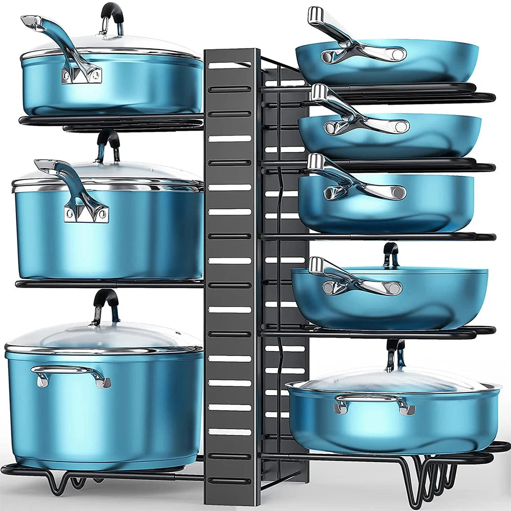 8 Tiers Pan Pot Organiser Rack 3 DIY Methods Adjustable Cabinet Pantry Pots Lids Storage Rack Kitchen Organization
