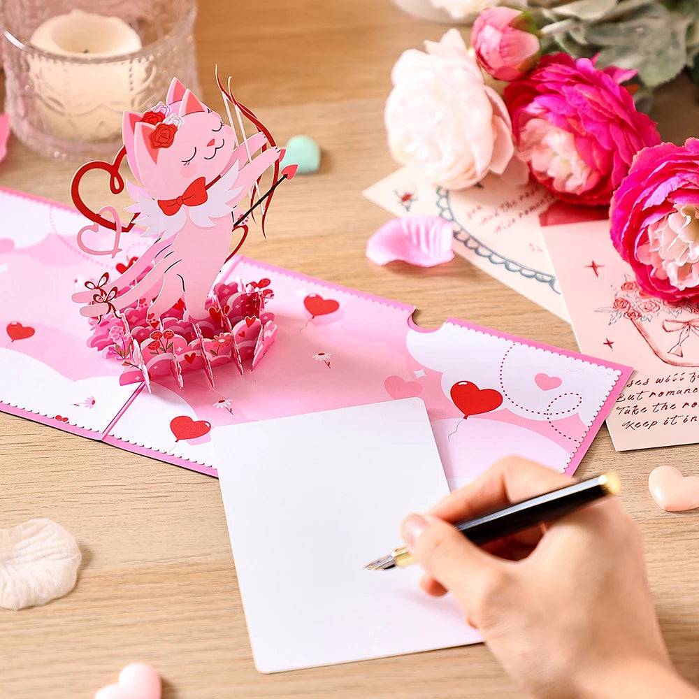 Valentines Day Greeting Card Romantic Cupid Cat Balloon Pop Up 3D Greetings Card Postcard Love Gifts For Couples Wife Lover