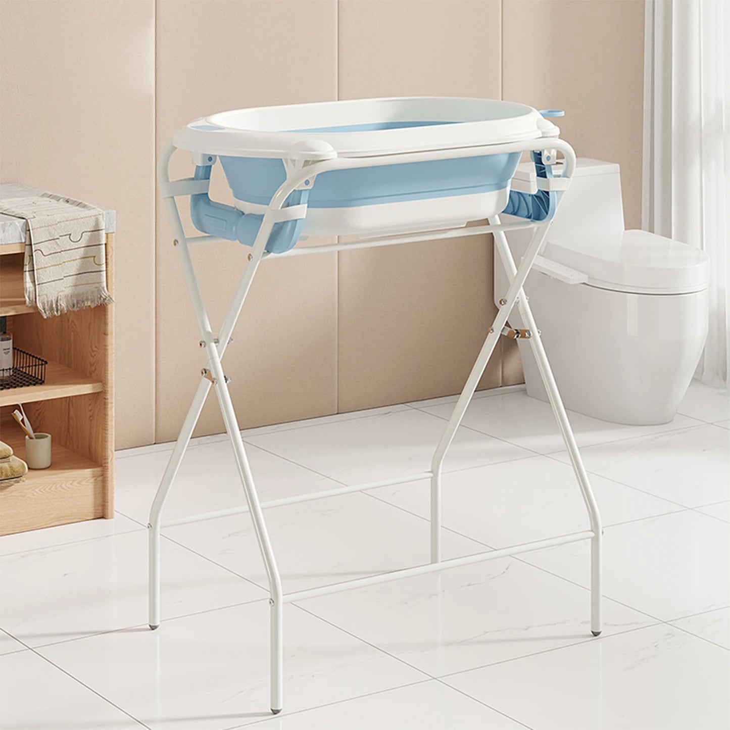 3 in 1 Baby Bath with Stand, Foldable Baby Bath Tub for Newborn to Toddler with Thermometer & Bath Pillow,Multifunctional,Grey