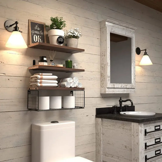 Bath Wall Towel Storage Holder Set Above Toilet, Rolled Towel Shelf Organiser for Small Bathroom Black Wood Vertical Towel Rack