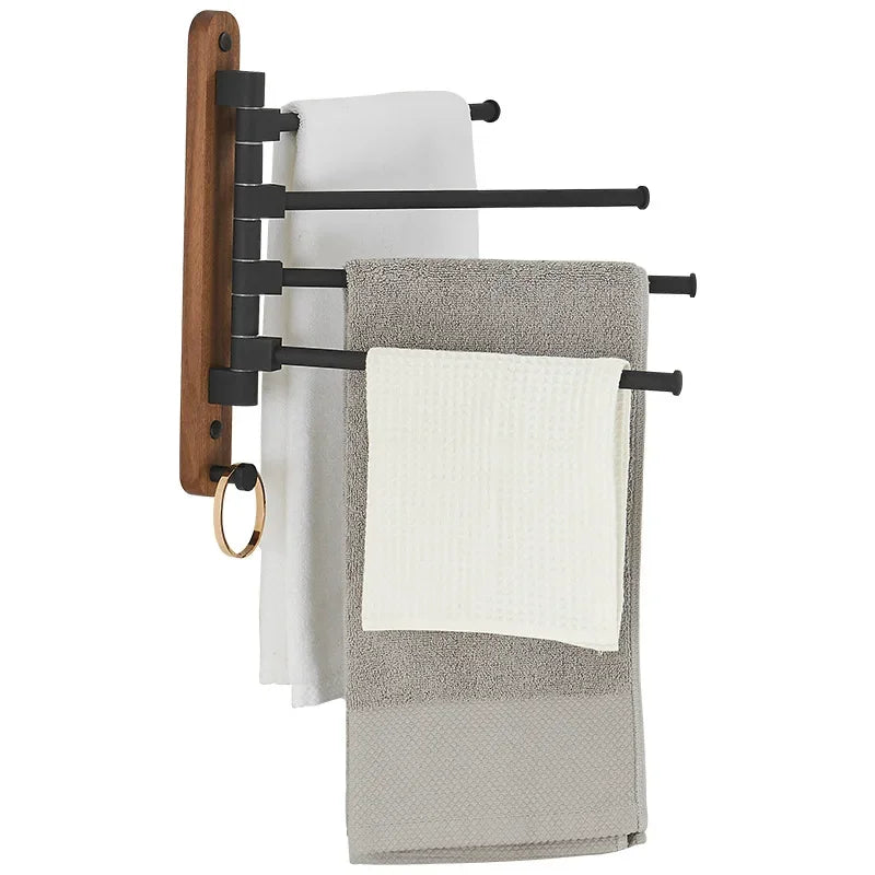 Bathroom Swivel Towel Rack, Wood & Matte Black Metal, 4-Arm Wall Mounted Towel Bar with Towel Ring, Space-Saving Towel Hanger