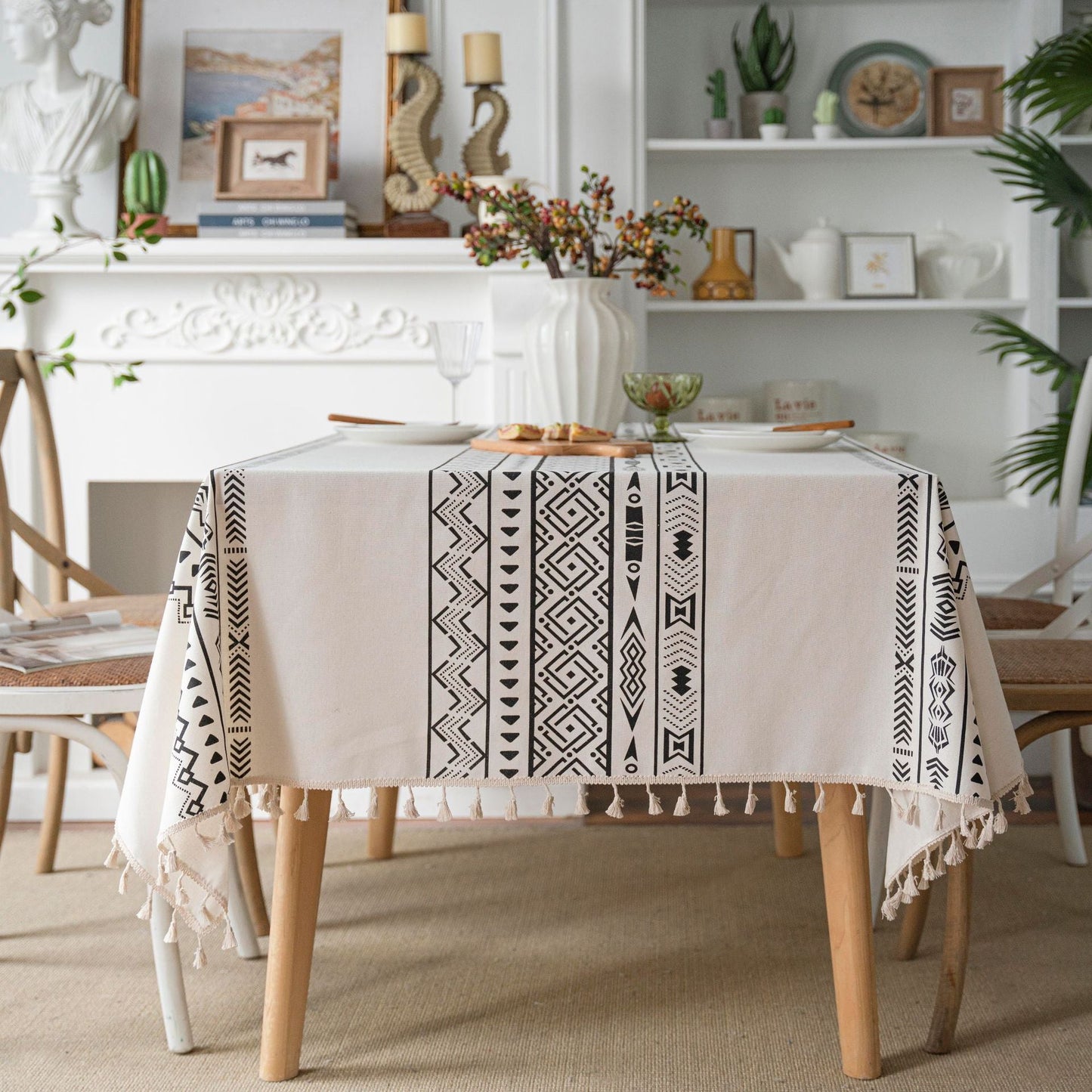Geometric Black Tassel Waterproof Rectangular Tablecloth