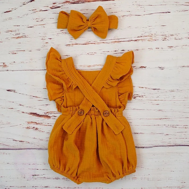 Organic Cotton Baby Girl Clothes Summer New Double Gauze Kids Ruffle Romper Jumpsuit Headband Dusty Pink Playsuit For Newborn 3M