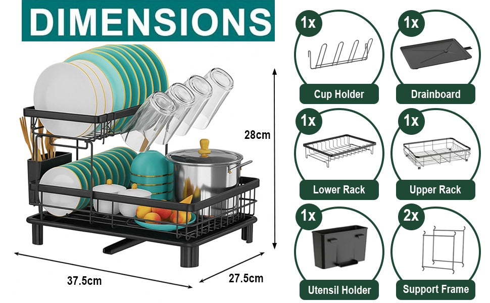 2Tier Dish Drainer Rack Space-Saving Dish Rack with Swivel Drainage Large Capacity Drainboard Utensil Holder Plates Cups Cutlery
