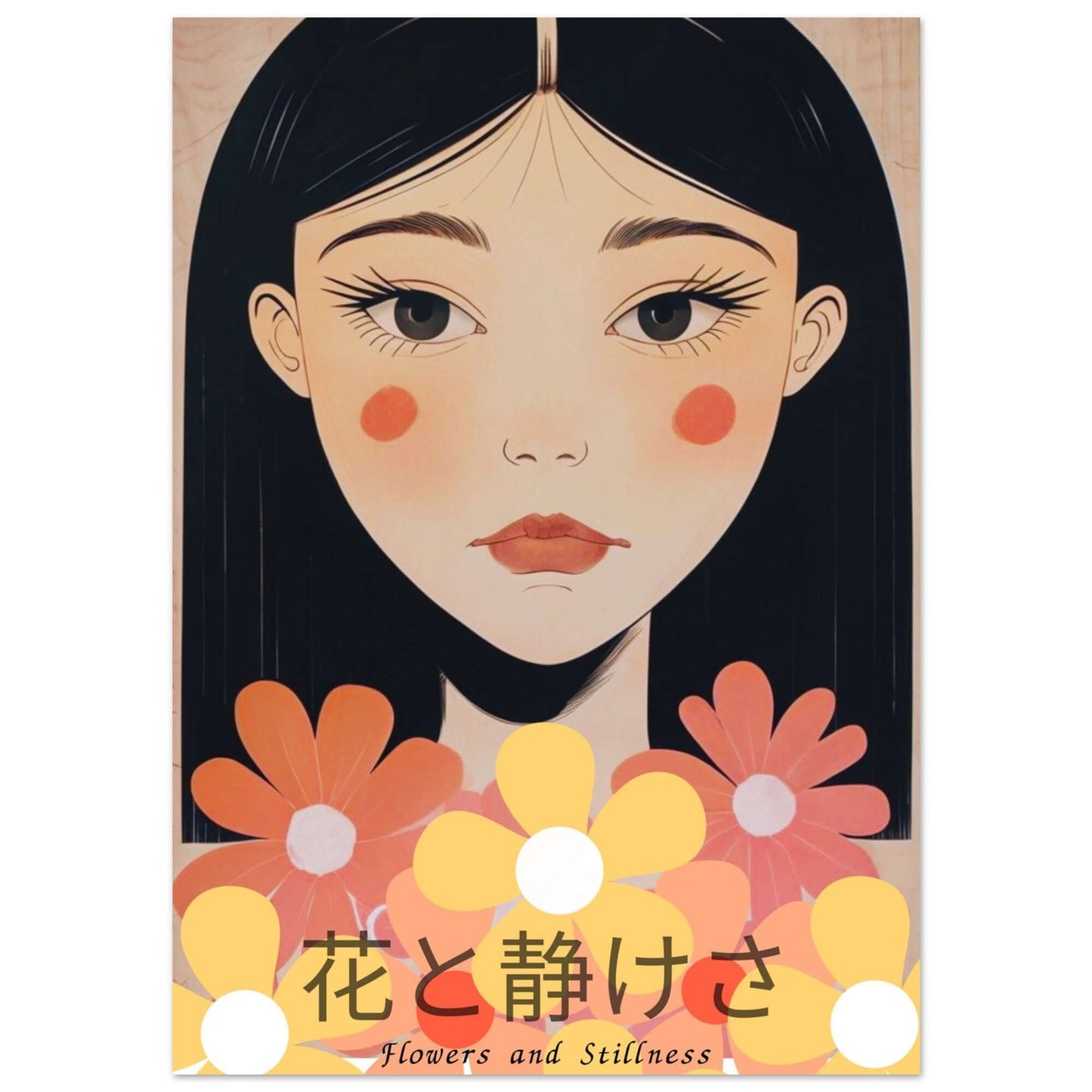 Flowers & Stillness: Japanese Portrait Art Print - Stunning Matte Poster for Home Decor
