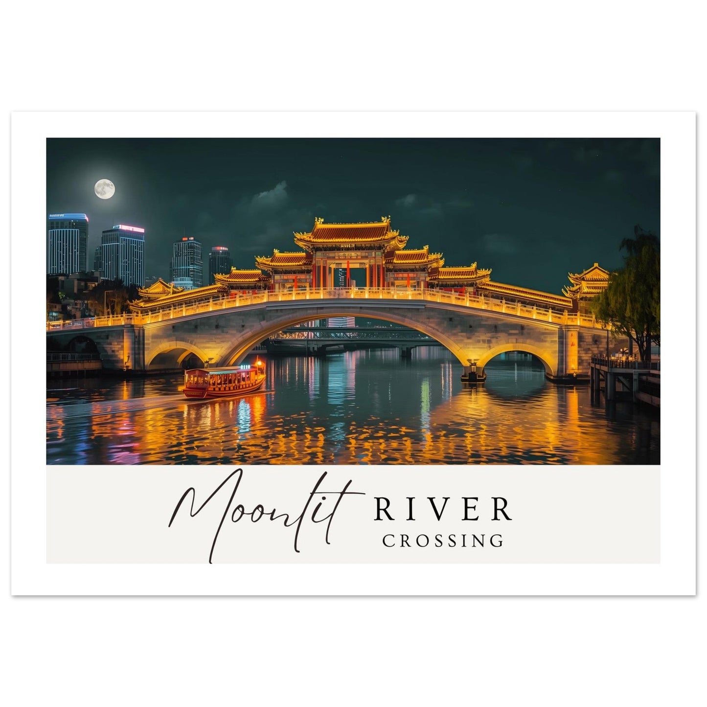 Moonlit River Crossing Poster | Illuminated Bridge Night Scene | Modern Landscape Wall Art Print