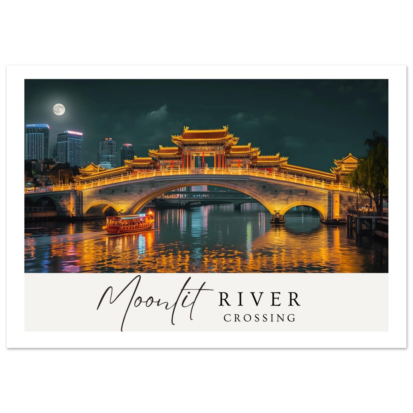 Moonlit River Crossing Poster | Illuminated Bridge Night Scene | Modern Landscape Wall Art Print