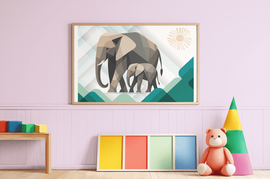 Elephant Duo Wall Art - Neutral Geometric Wildlife Illustration - Eco-Friendly Poster