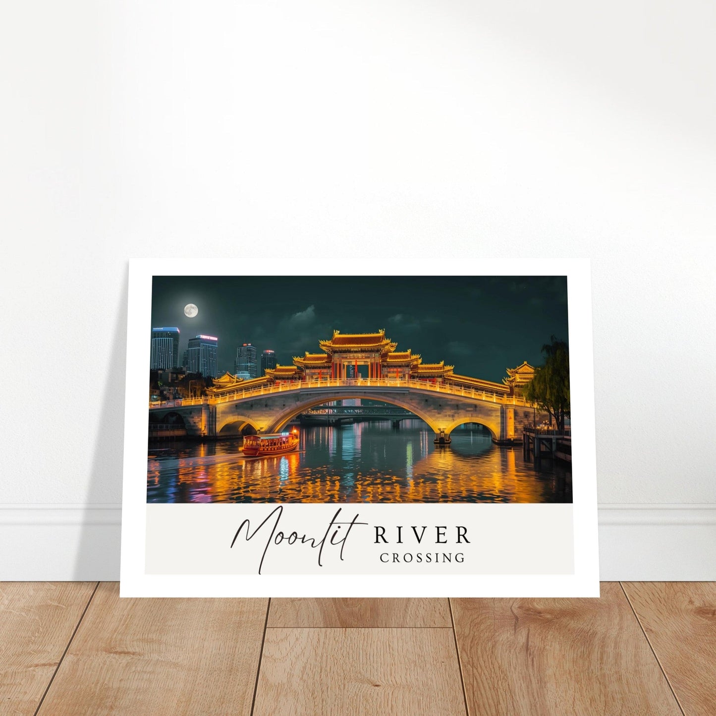 Moonlit River Crossing Poster | Illuminated Bridge Night Scene | Modern Landscape Wall Art Print