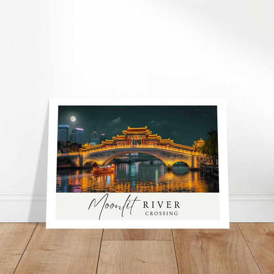 Moonlit River Crossing Poster | Illuminated Bridge Night Scene | Modern Landscape Wall Art Print