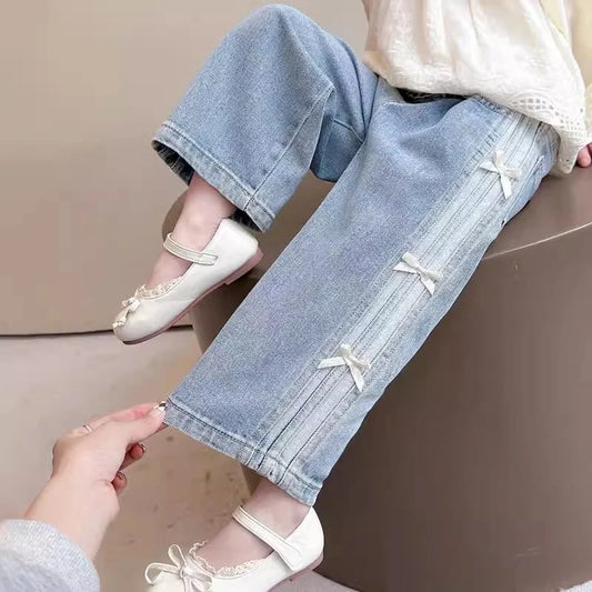 Girls Bow Jeans – 2025 Spring Autumn Loose Denim Trousers with Ribbon Detail