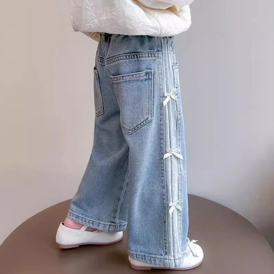 Girls Bow Jeans – 2025 Spring Autumn Loose Denim Trousers with Ribbon Detail