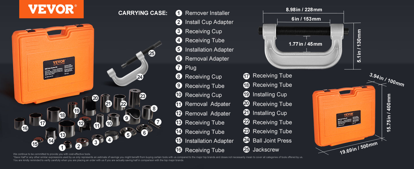 VEVOR 25 PCS Ball Joint Press Kit C-press Ball Joint Tools Steel Brake Anchor Pins Press and Removal Tools with Case