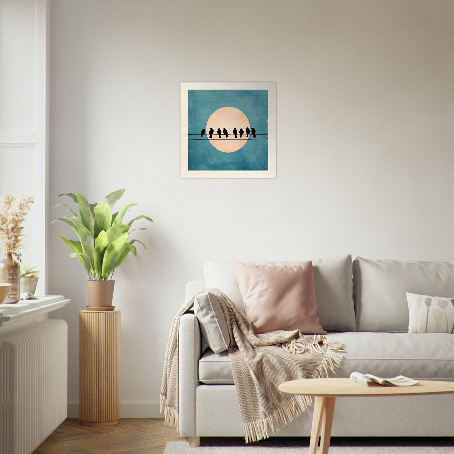 Birds on a Wire Wooden Wall Art - Minimalist Sunset Silhouette Print - Rustic Home Decor