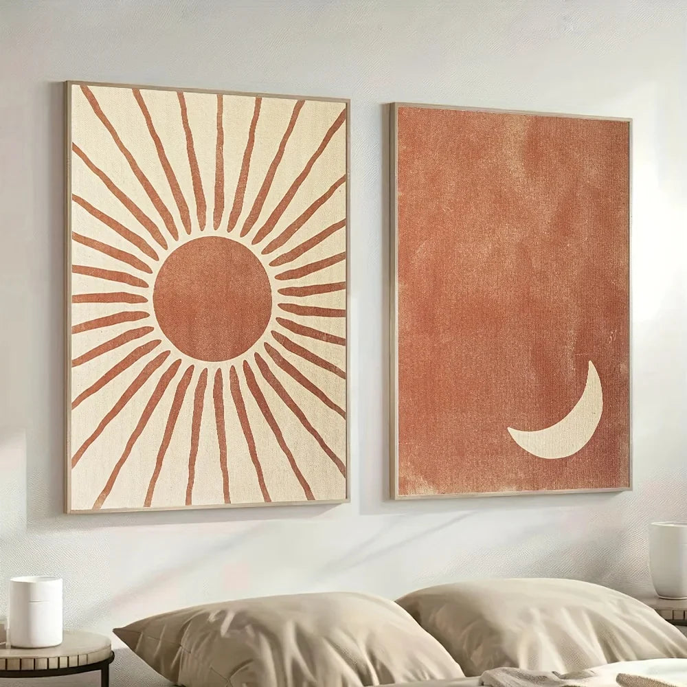 Bohemian Moon and Sun Wall Art Set – 2-Piece Abstract Clay & Beige Posters | DArtano