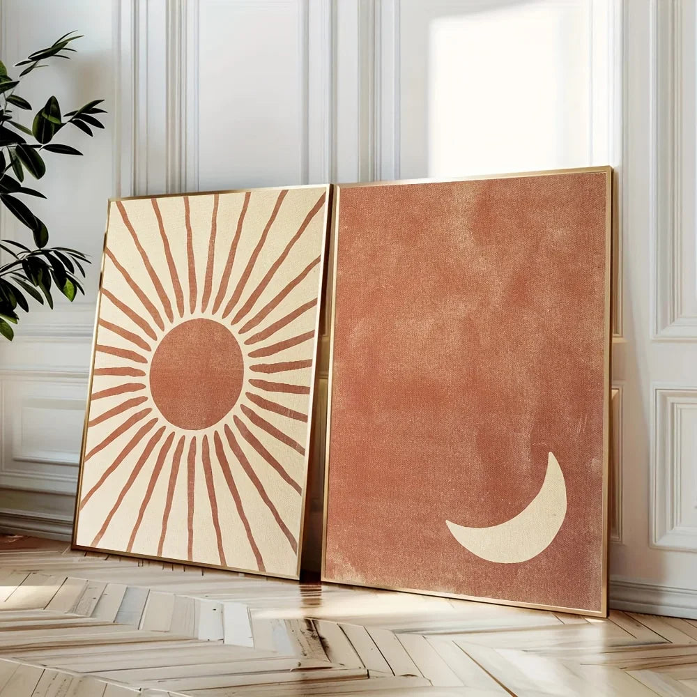 Bohemian Moon and Sun Wall Art Set – 2-Piece Abstract Clay & Beige Posters | DArtano