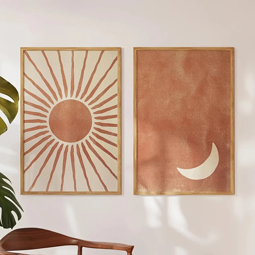 Bohemian Moon and Sun Wall Art Set – 2-Piece Abstract Clay & Beige Posters | DArtano