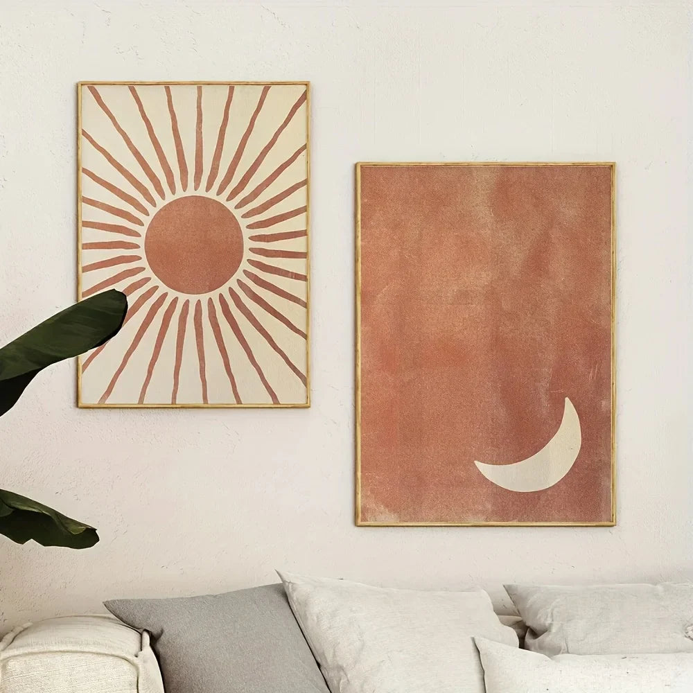 Bohemian Moon and Sun Wall Art Set – 2-Piece Abstract Clay & Beige Posters | DArtano