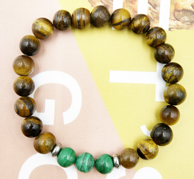 Natural Malachite and Tiger Eye Beaded Bracelet