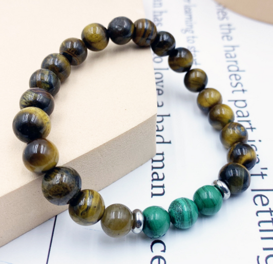 Natural Malachite and Tiger Eye Beaded Bracelet