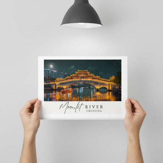 Moonlit River Crossing Poster | Illuminated Bridge Night Scene | Modern Landscape Wall Art Print