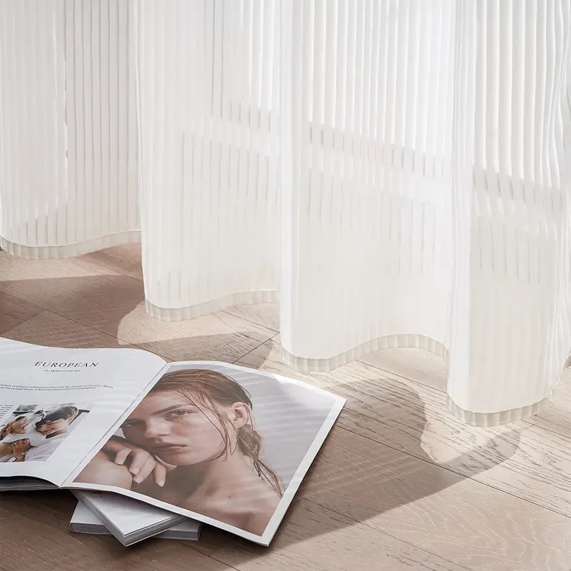 Striped Tulle White Curtains – Light Filtering Sheer Drapes for Bedroom & Living Room