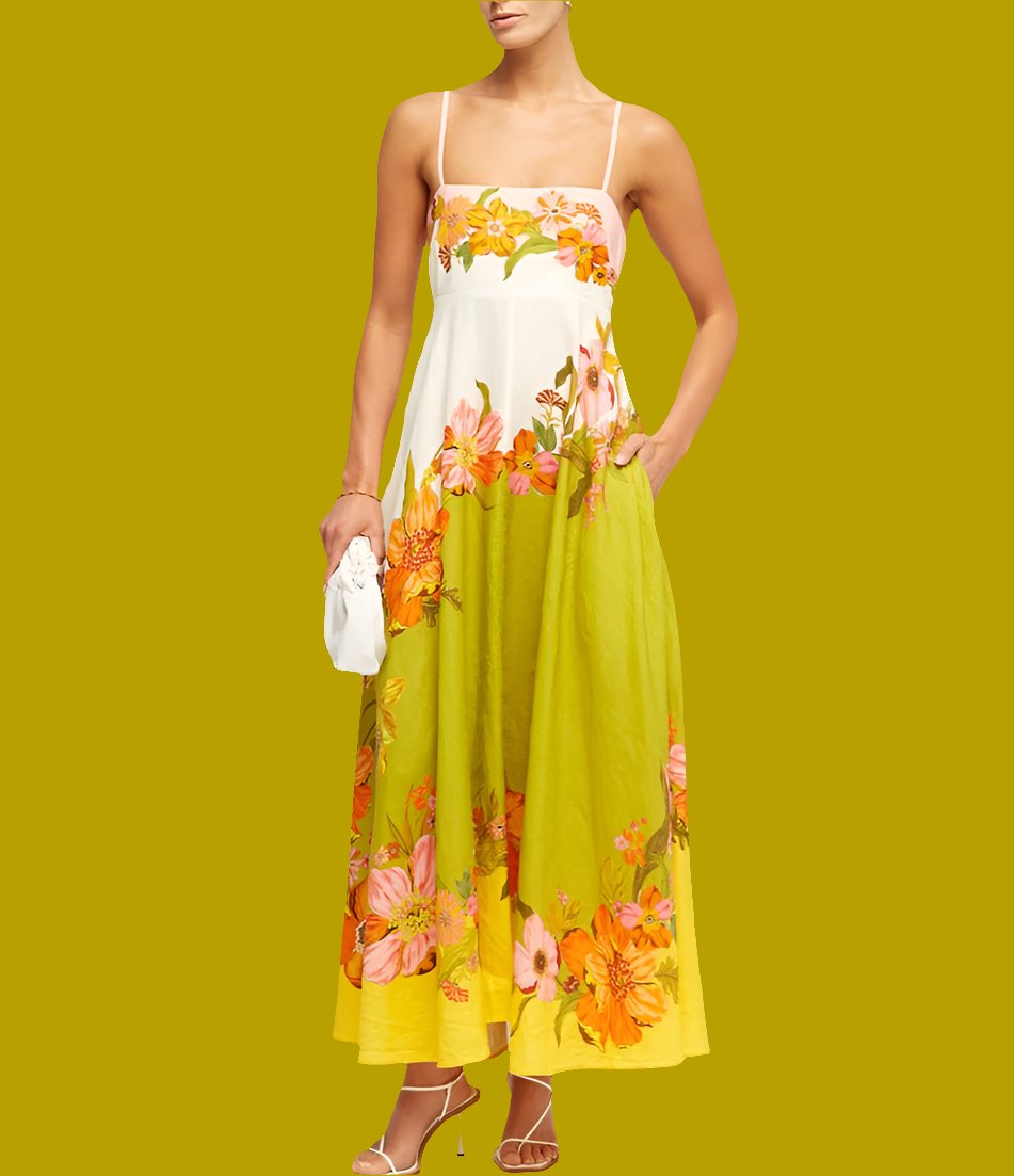 Casual Summer Dress For Women -  High Waist Sleeveless Linen Swing Dress in Elegant Print