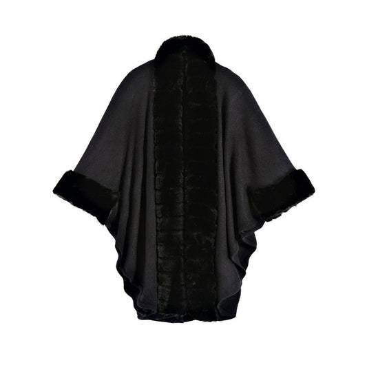 Classic Oversized Knit Coat With Artificial Rabbit Fur Collar - Elegant Pullover Cloak in Monochrome