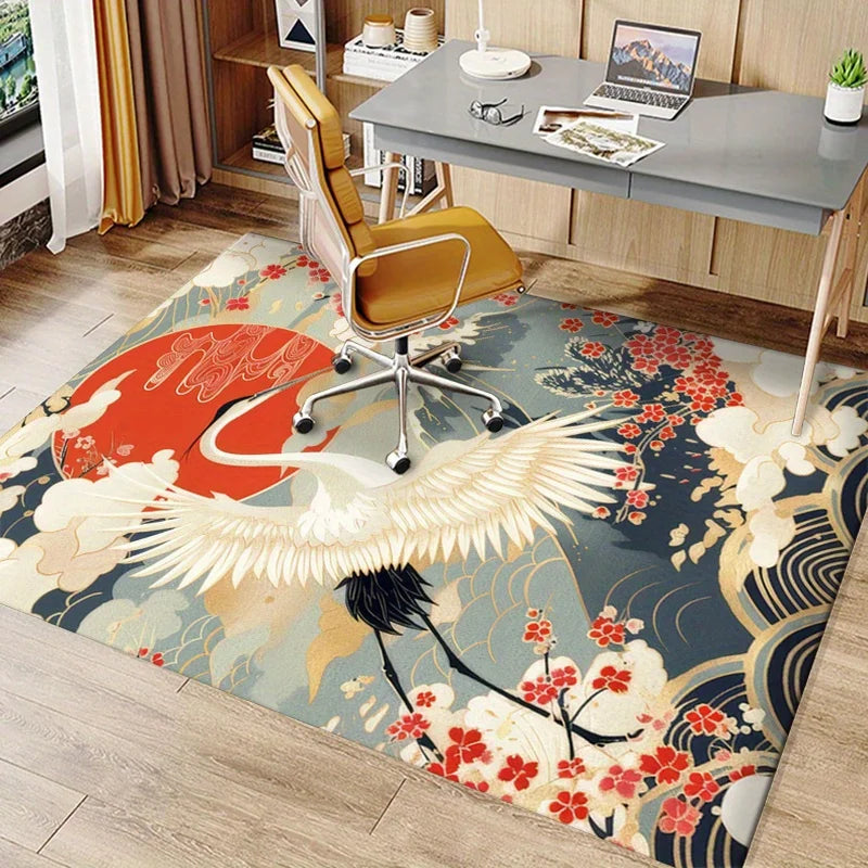 Red-Crowned Crane Velvet Rug – Oriental Art-Inspired Non-Slip Area Carpet for Living Room or Bedroom