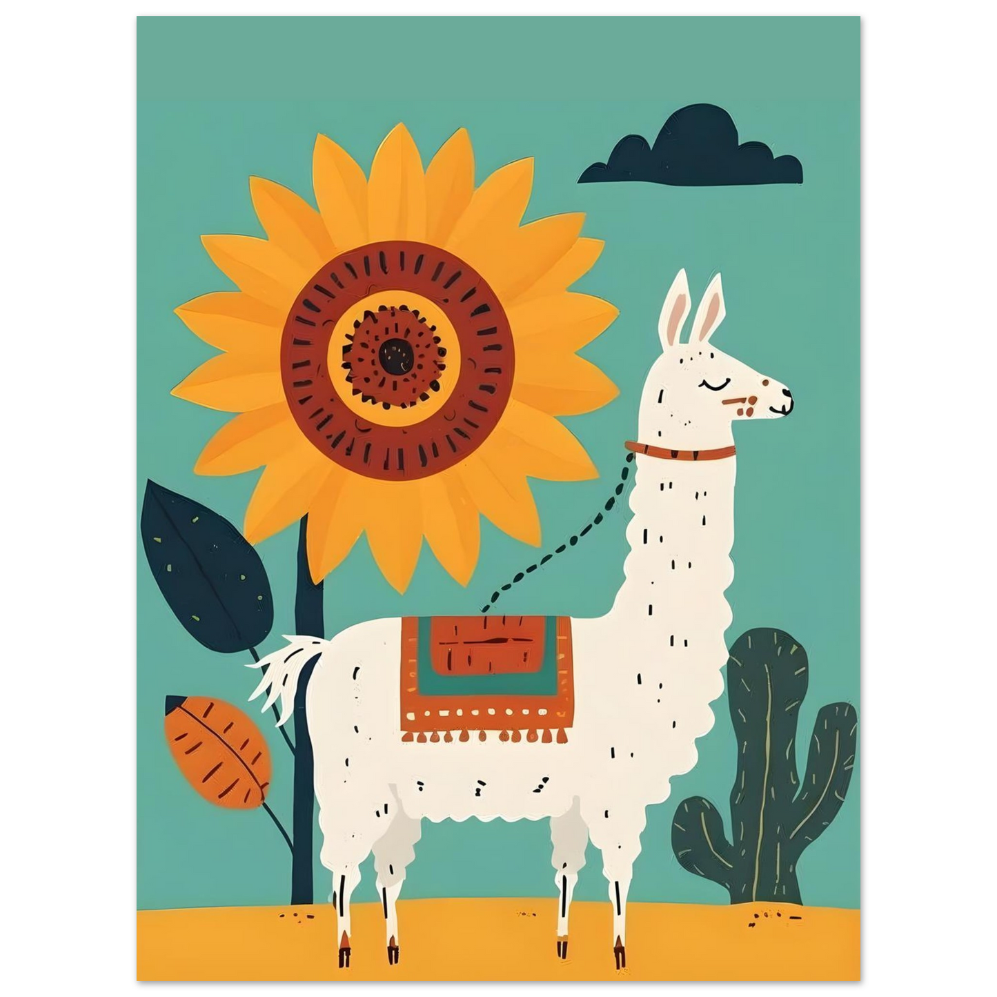 Whimsical Llama Folk Art Poster - Boho Wall Decor - Modern Mid-Century Colors