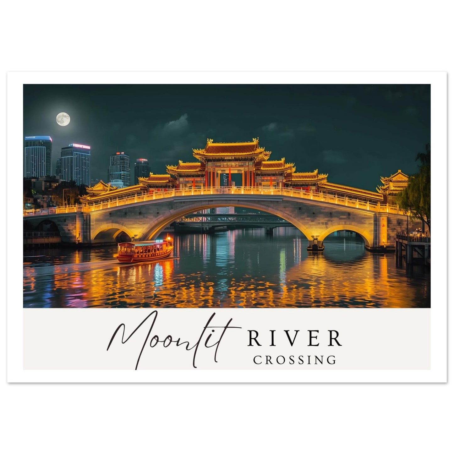 Moonlit River Crossing Poster | Illuminated Bridge Night Scene | Modern Landscape Wall Art Print