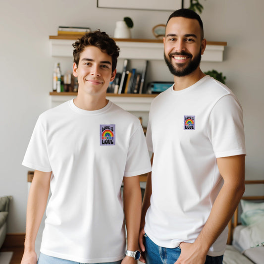 Love Is Love T-Shirt – Retro LGBTQ+ Pride Tee | Bella + Canvas 3001 Premium Unisex Crewneck | Rainbow Pocket Print Gift for All