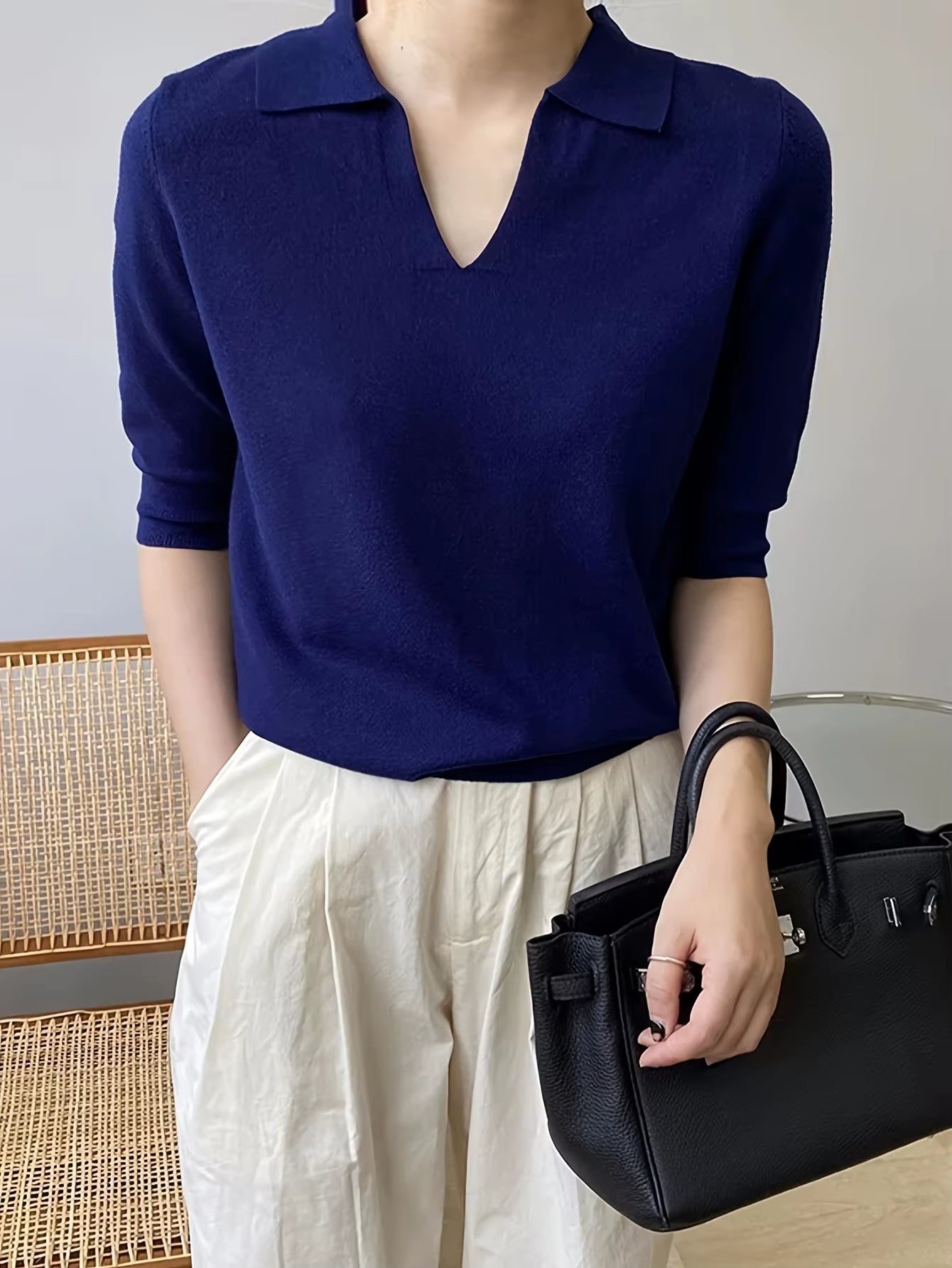 Spring and Summer Lapel Small V Solid Color Three-Quarter Sleeve Knitwear, Simple and Elegant, Fashionable and Versatile