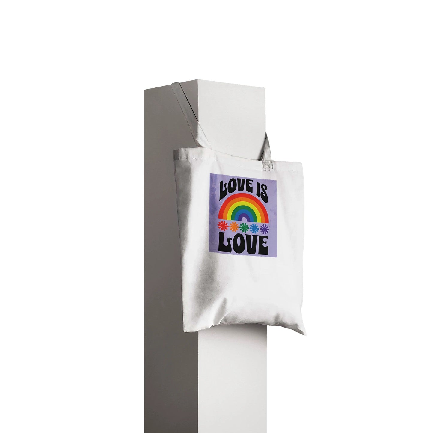 Love Is Love Tote Bag – LGBTQ+ Pride Rainbow Shopper Bag | Eco-Friendly Reusable Cotton Tote with Retro 70s Style Design