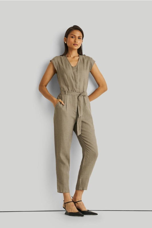 Olive Green Jumpsuit with V-Neck, Micro Sleeves, and Tapered Legs by DC-Reistor