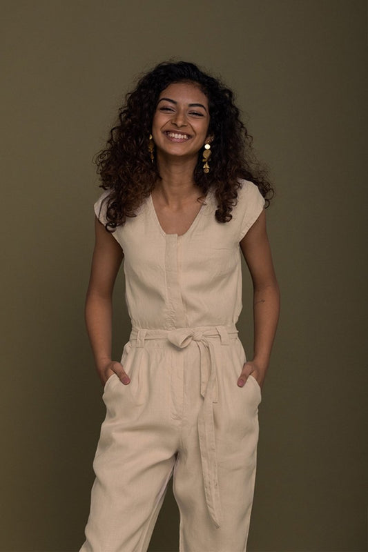 Stylish Neutral Beige Jumpsuit – V-Neck Design, Tapered Legs, Hemp Fabric