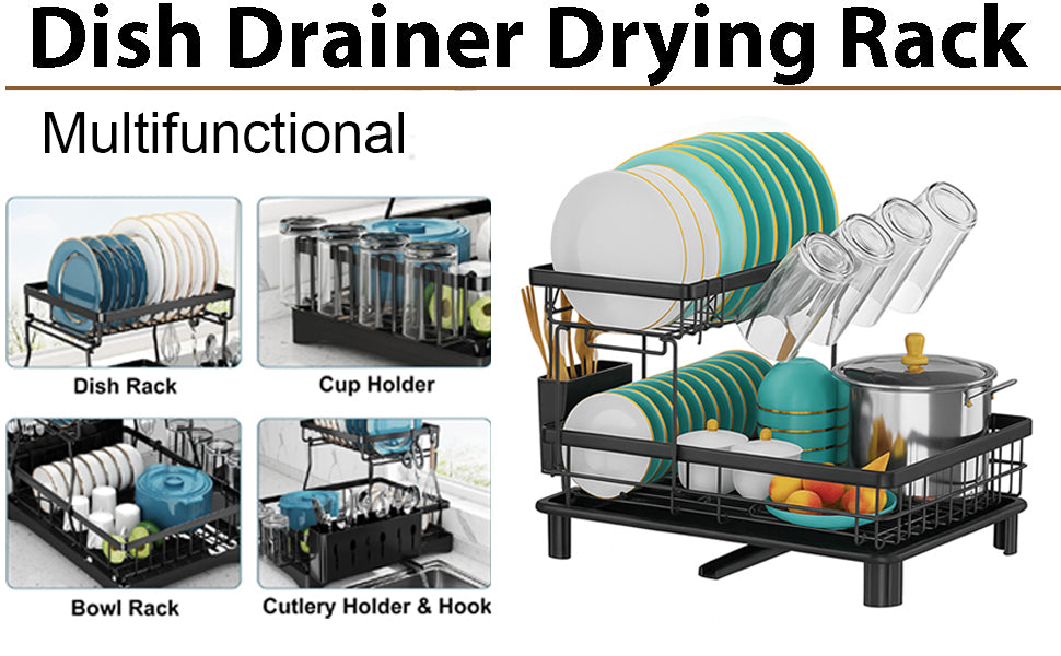 2Tier Dish Drainer Rack Space-Saving Dish Rack with Swivel Drainage Large Capacity Drainboard Utensil Holder Plates Cups Cutlery