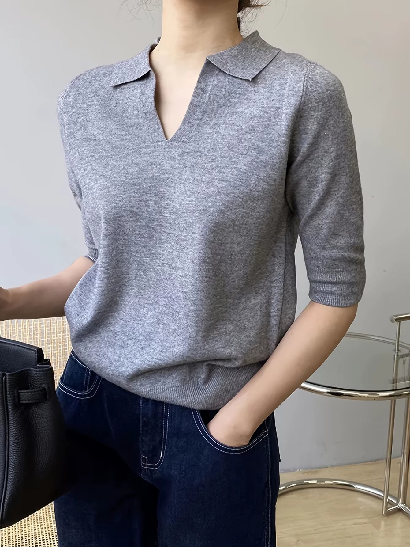 Spring and Summer Lapel Small V Solid Color Three-Quarter Sleeve Knitwear, Simple and Elegant, Fashionable and Versatile
