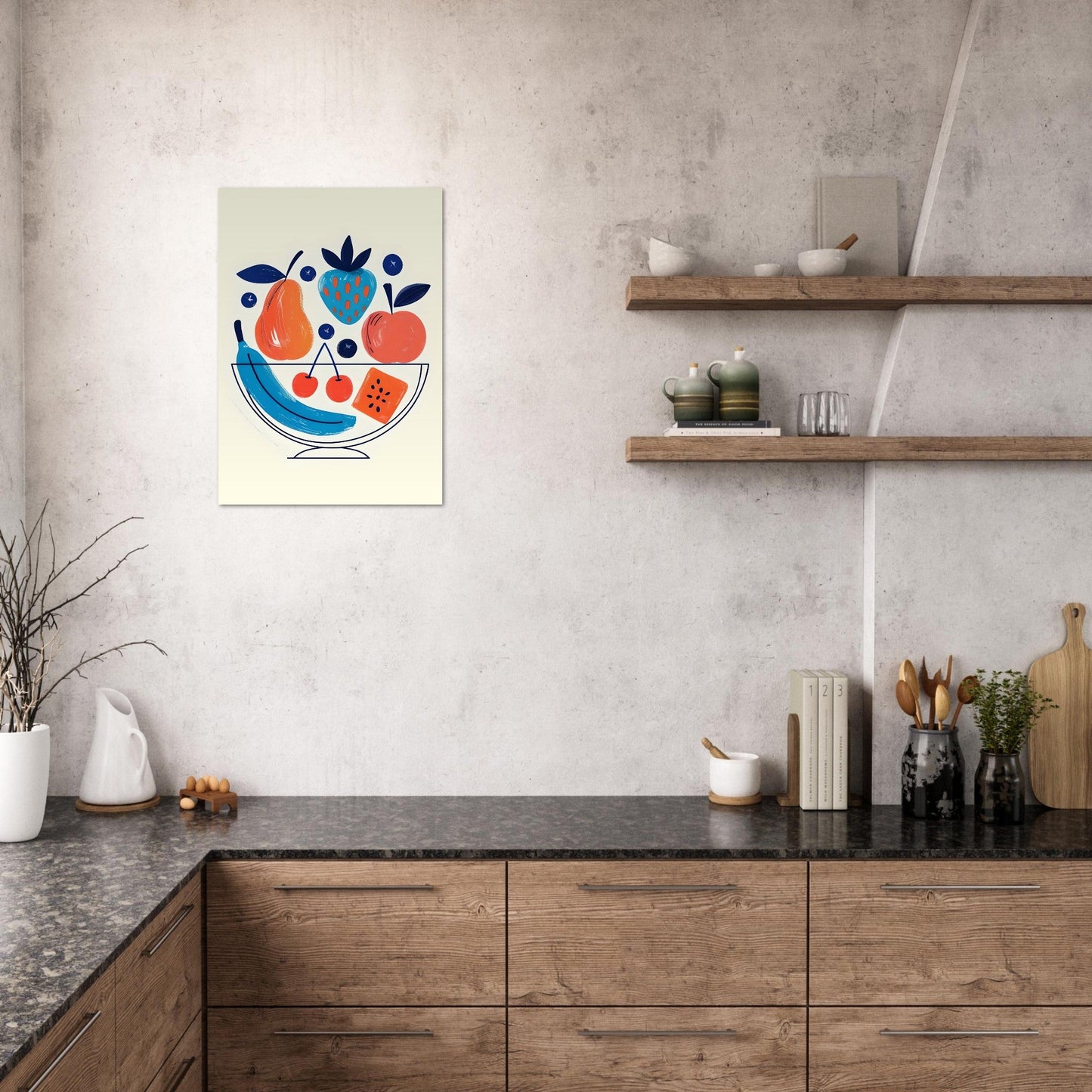 Modern Fruit Bowl Poster - Scandinavian Kitchen Wall Art - Colorful Food Illustration Print