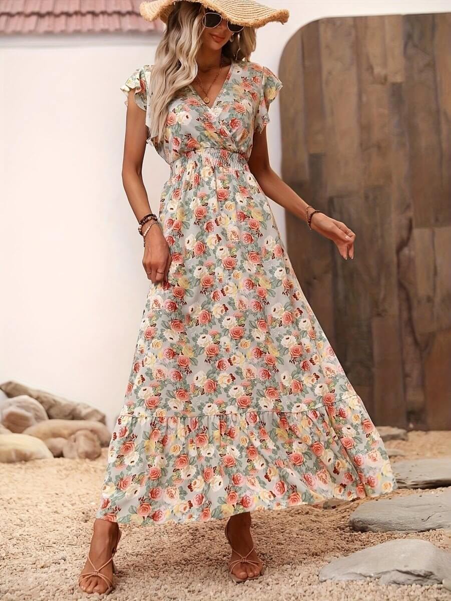 Floral Jumpsuit for Women - Versatile Printed Design with Pleated Skirt, Sizes S-XXL